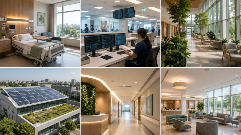 Modern hospital building with patient-friendly architecture, natural lighting, green spaces, and advanced healthcare infrastructure