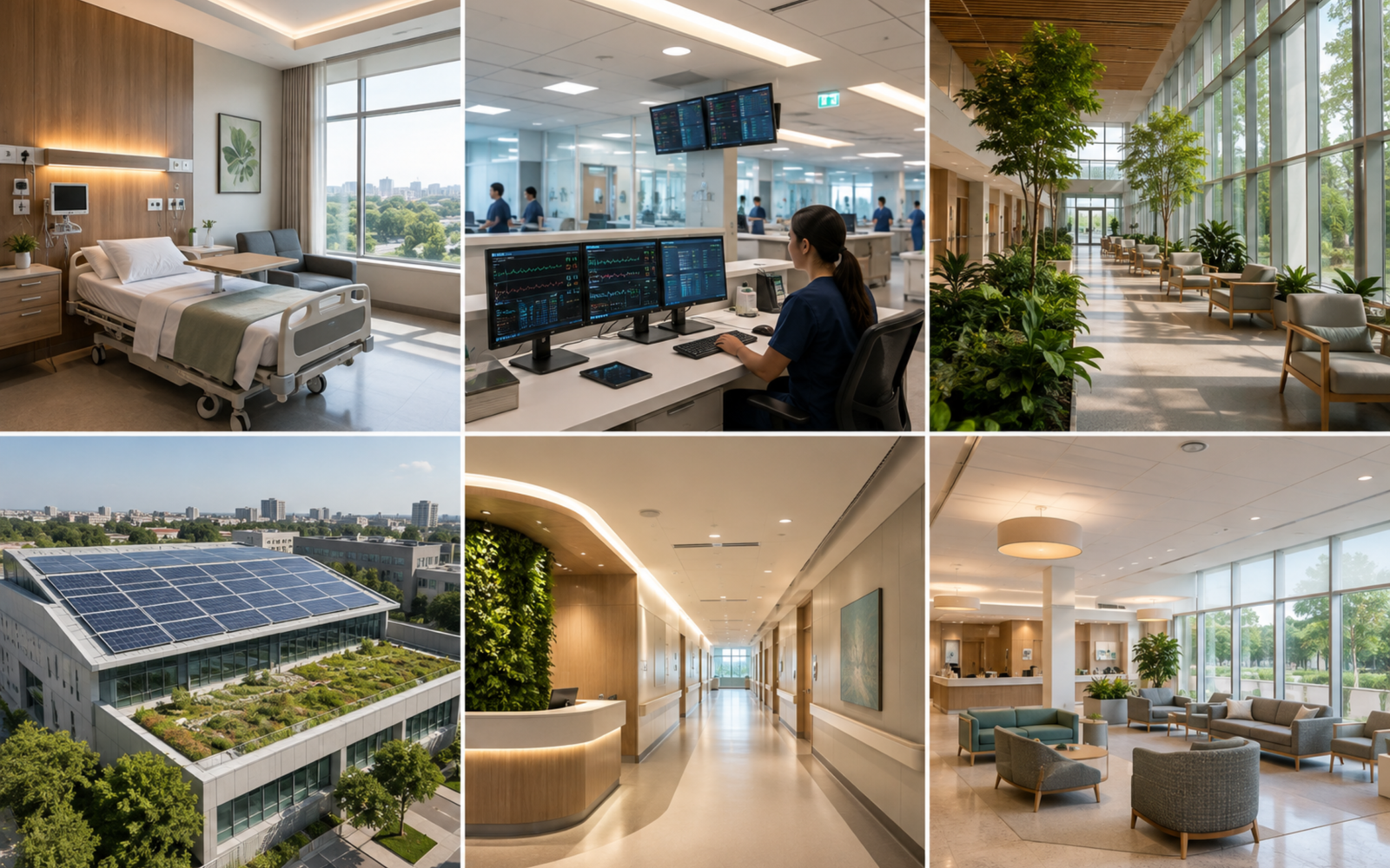 Modern hospital building with patient-friendly architecture, natural lighting, green spaces, and advanced healthcare infrastructure